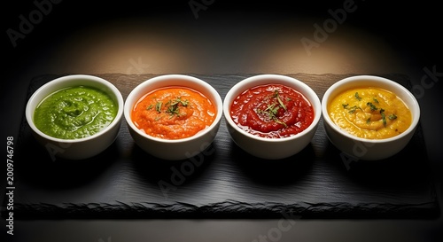 Four different types of colorful sauces in white bowls arranged in a row on a black slate board