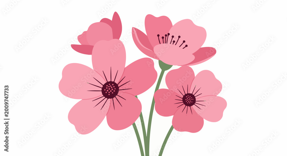 Obraz premium A minimalist illustration of four delicate pink flowers with dark centers and green stems