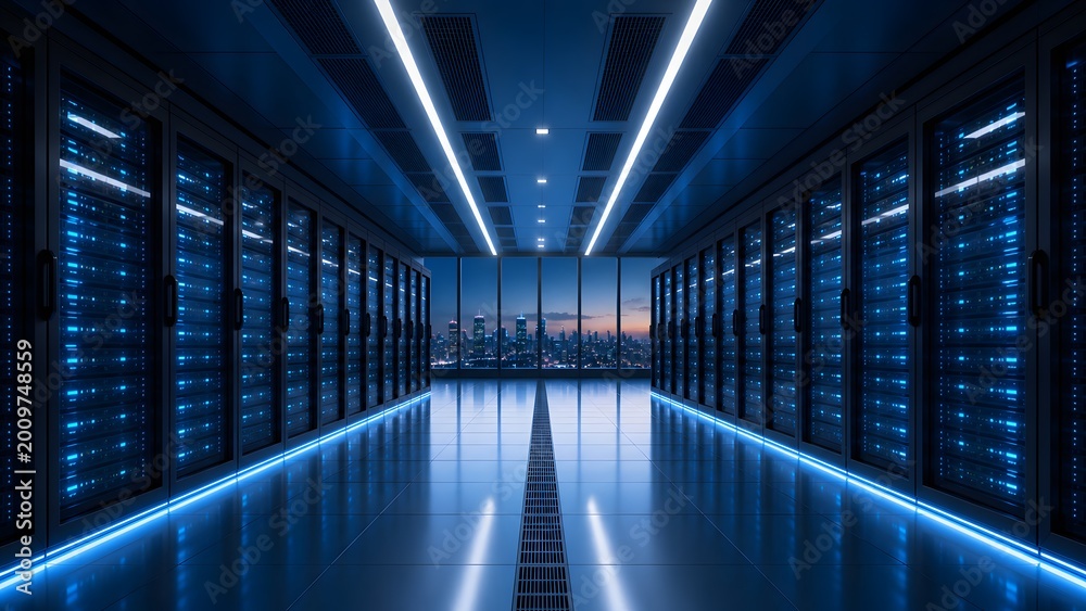 Fototapeta premium High tech data center interior with city skyline view representing global cloud infrastructure, big data processing and digital transformation