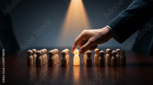 Hand Selecting Glowing Figure From Crowd Of Wooden People Business Leadership Concept