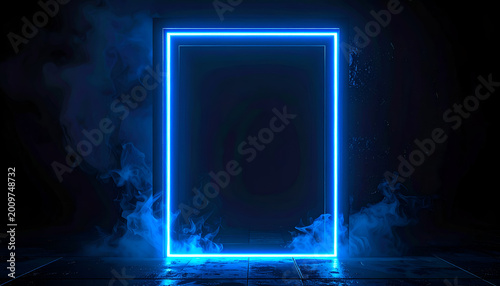Glowing Blue Neon Rectangle Frame with Smoke Effect.