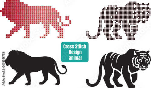 Obraz na płótnie Collection of stylized big cat illustrations including cross stitch designs and
