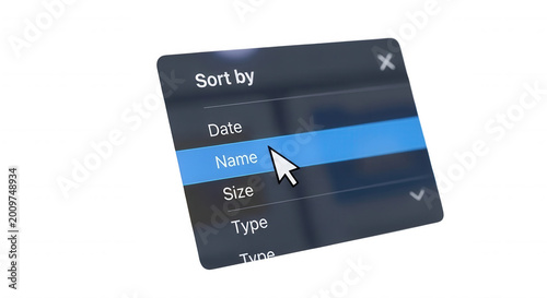 A digital computer interface menu showing a sort by list with date, name, size, and type options highlighted with a mouse cursor arrow