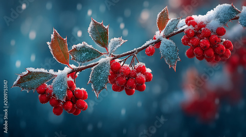 Snow-covered branch with bright red rowan berries against a blue winter background bokeh