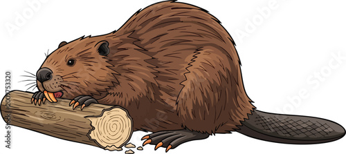 Illustration of a beaver gnawing on a tree log with wildlife engineer creature semiaquatic illustration stylized industry naturalist