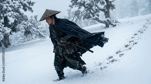 
A lone warrior braves the biting wind and deep snow on a relentless journey through the frozen wilderness.