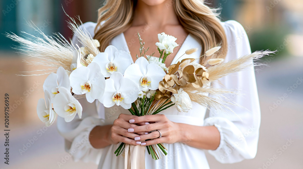 Naklejka premium A close-up shot of a modern bridal bouquet held by a bride. The bouquet features white orchids, pampas grass, and preserved eucalyptus.