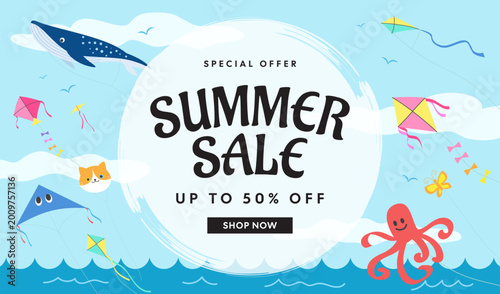 Summer Sale banner vector illustration. Fancy kites float along the sea