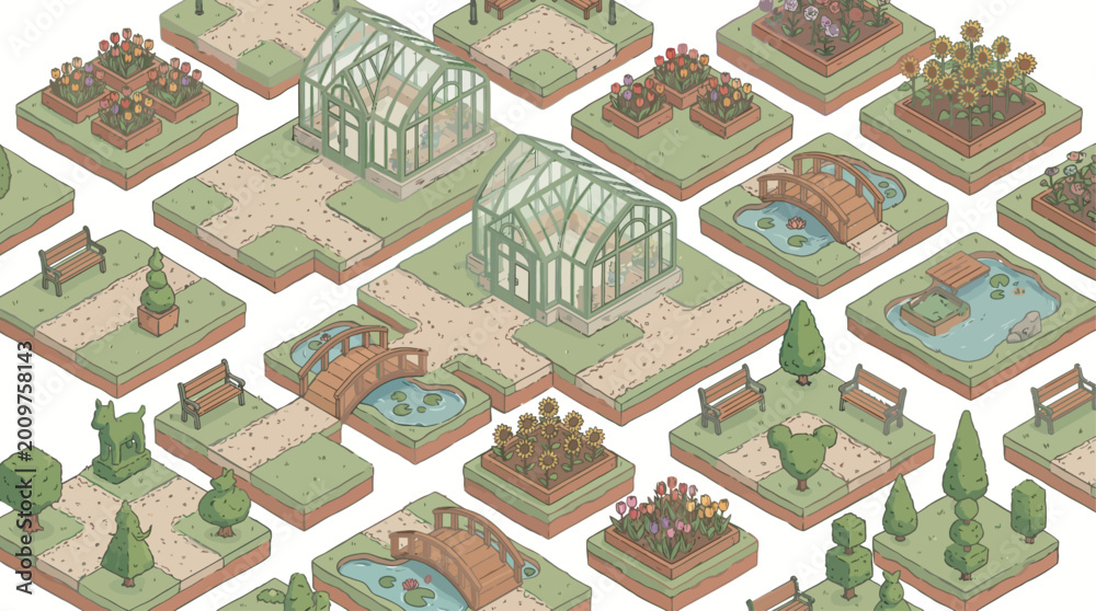 Fototapeta premium Botanical Garden Isometric Map Builder Kit