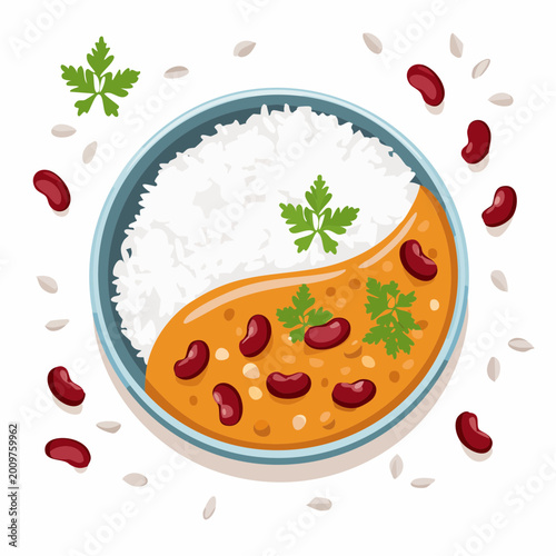 Flat vector illustration of rajma curry with red kidney beans and steamed rice