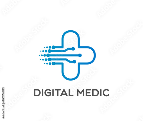 Digital health care technology icon, medical innovation sign. Healthcare startup symbol, medicine tech service vector sign. Digital health innovation icon with blue line cross and motherboard traces