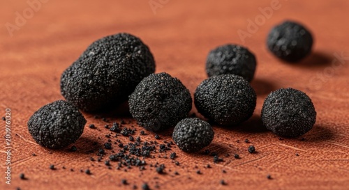Black truffle mushrooms on a textured brown surface
