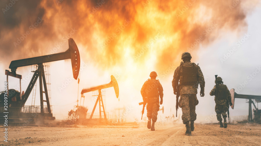 Fototapeta premium Armed soldiers advancing through a battlefield with burning oil pumpjacks and smoke under a dramatic sky