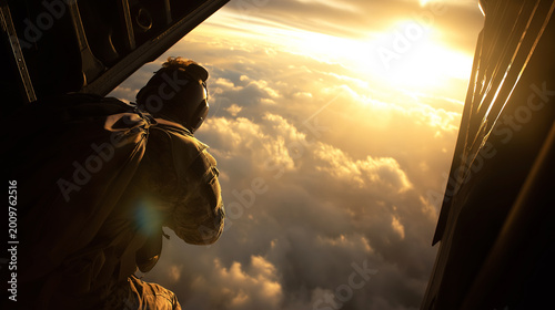 Military paratrooper preparing for airborne jump during breathtaking golden hour from aircraft door above clouds
