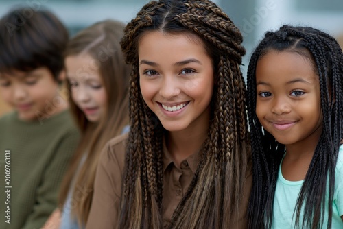 Teen girl smiling with younger girl in school setting