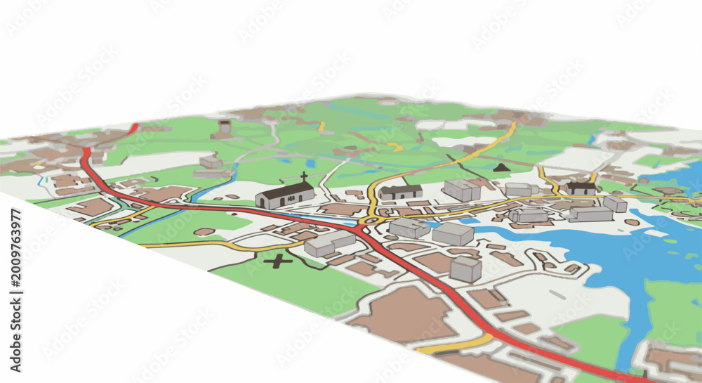 Fototapeta premium Bird's eye view of a stylized town map with buildings, roads, water, and green spaces