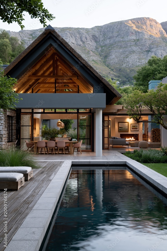 Naklejka premium Contemporary house with illuminated living area by pool