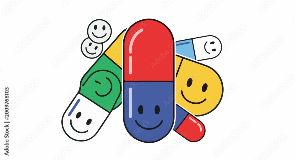 Fototapeta premium Cheerful cartoon capsules with happy faces in a vibrant assortment