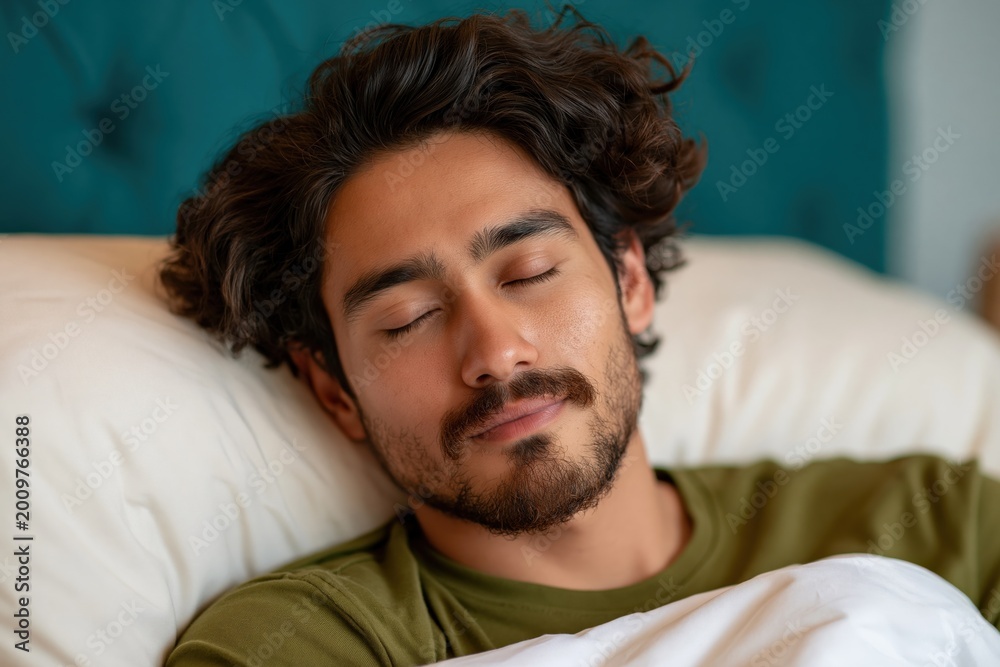 Fototapeta premium Young man sleeping peacefully on pillow in bedroom setting