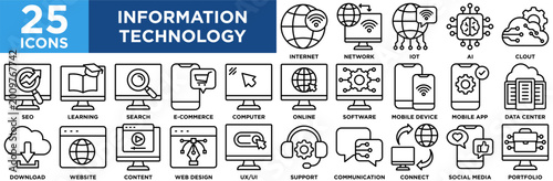 Information Technology Icon Set Collection. Icon Pack Contain Data Center, Communication, Website, Social Media, SEO, E-commerce, Support, Computer, Mobile Device
