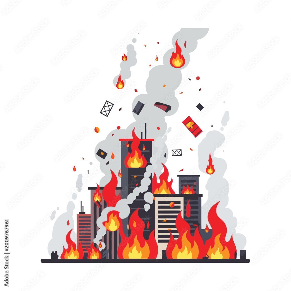 Obraz premium City Buildings on Fire with Falling Debris and Smoke