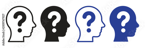 Εκτύπωση καμβά Human head question mark icons collection, silhouette profile with thinking and uncertainty symbols for problem solving and decision concept vector set