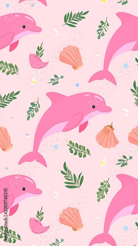 Pink Dolphins and Tropical Leaves Pattern.
