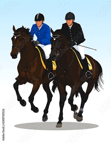 Two riders on horseback in competition.