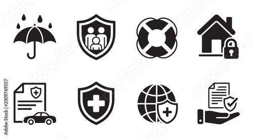 Billede på lærred Insurance icon set with black vector symbols, family shield protection, car insu