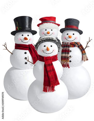 Three snowmen in winter hats scarf.