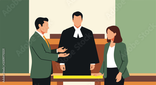 A judge in a robe stands between two lawyers in a courtroom setting illustration
