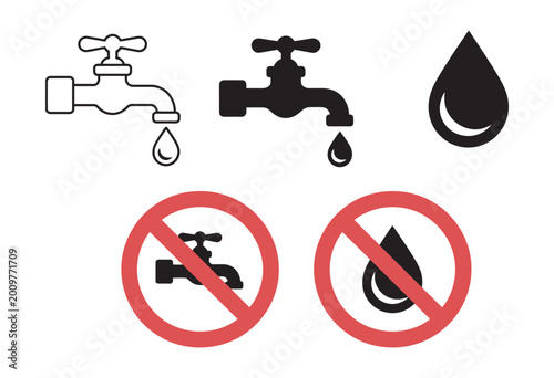 Tableau sur toile Water conservation, tap faucet with water drop and red prohibition sign, water s