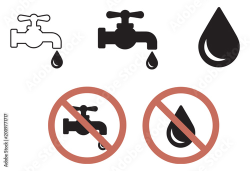 Tableau sur toile Water conservation, tap faucet with water drop and red prohibition sign, water s