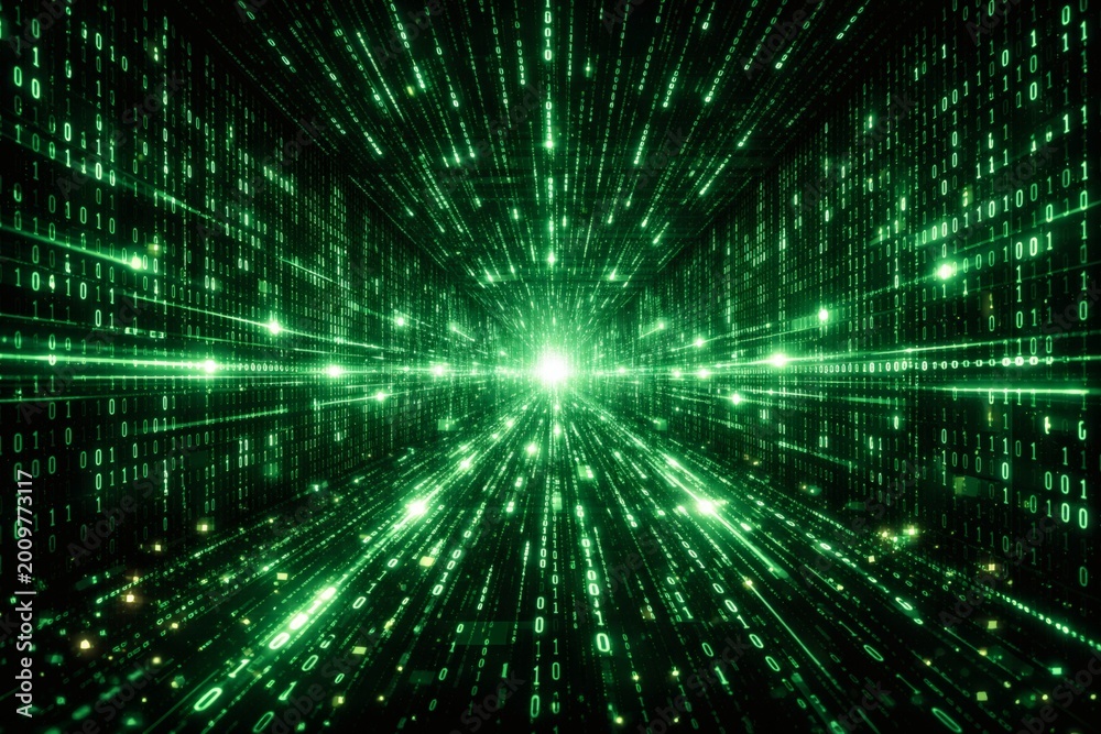 Obraz premium Green Matrix Binary Code Tunnel with Glowing Data Streams