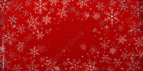 Konstfotografi Delicate white snowflakes against a vibrant red background winter holiday patter