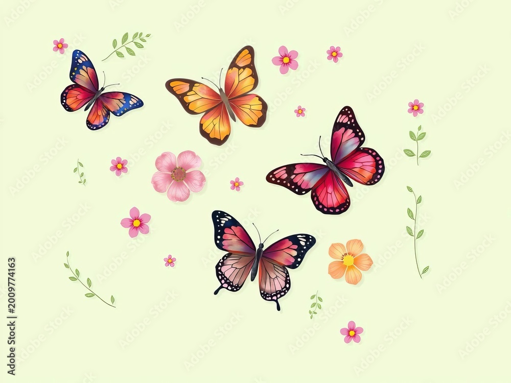 Obraz premium Whimsical design featuring butterflies, flowers, and leaves on a pale green background, Soft, Floral