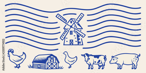 Schilderij op canvas Line art illustration of a dutch windmill barn farm animals and wavy lines on a