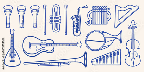 Foto Collection of musical instruments in blue line art style on a neutral background