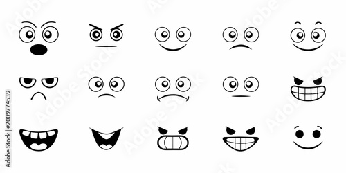 cartoon face icons set various expressions on white background