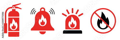 Cuadro en lienzo Fire alarm sign icons with emergency alert symbols for evacuation and fire safety