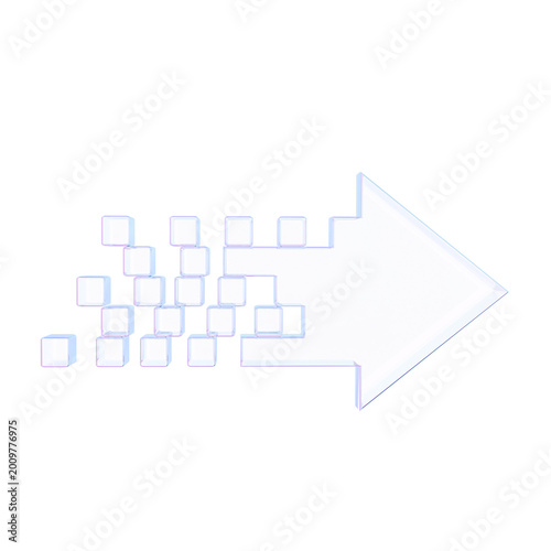 3D render holographic glass arrow with iridescent pink and blue reflections. Digital pixel fragments moving up. Futuristic tech concept for growth and success