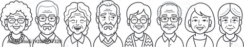 Elderly people portrait line art set featuring diverse senior men and women faces minimal outline characters vector illustration collection