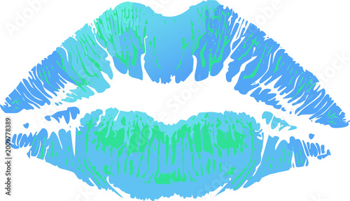 A vibrant blue and mint green lipstick kiss mark is illustrated with detailed natural textures against a plain white background