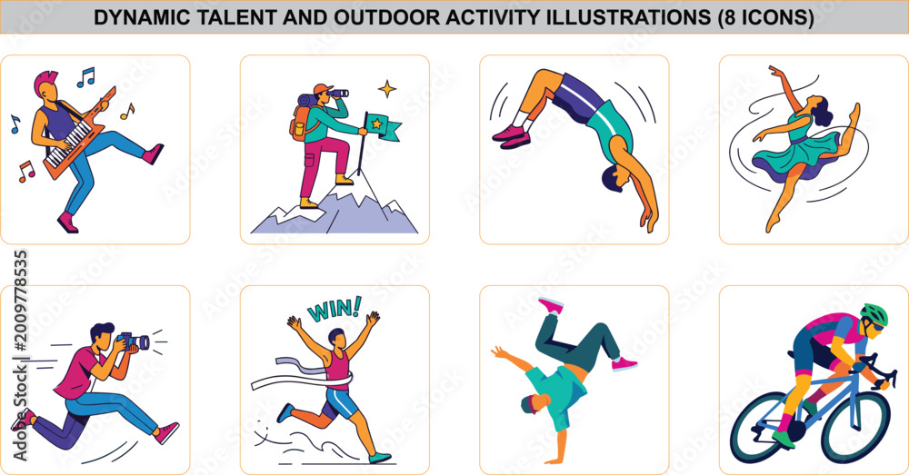 Fototapeta premium Flat vector illustrations of music performance, mountain hiking, backflip gymnastics, ballet dancing, action photography, marathon winning, breakdancing, and professional road cycling.