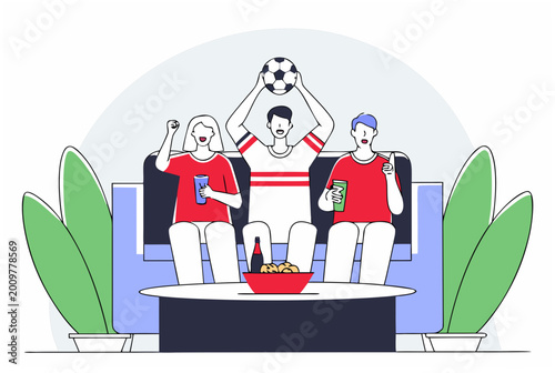 People watching soccer match on couch, man holding ball, woman cheering, man giving thumbs up. Everyday at-home fan experience vector illustration