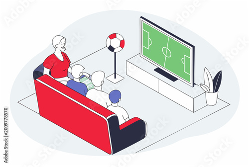 Woman and men watch soccer match at home. Family or friends on sofa cheering football game. Sport fan experience. Outline vector illustration for banner