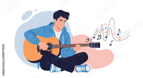 Young man sits on the floor and plays an acoustic guitar with colorful musical notes floating in the air around him.