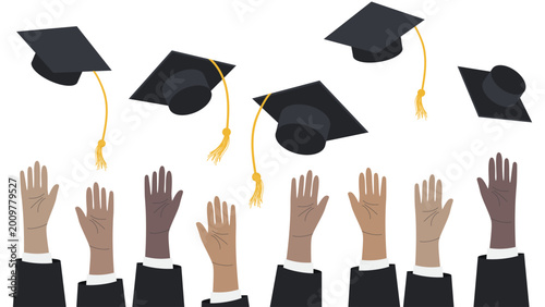 group of graduates raising their hands and graduation caps fly in the air