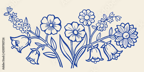 Foto Stylized floral arrangement with daisies bellflowers and other blooms in blue li