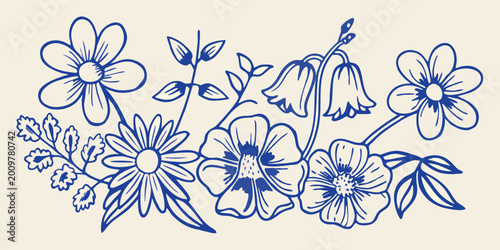 Foto Stylized floral arrangement with daisies bellflowers and other blooms in blue li